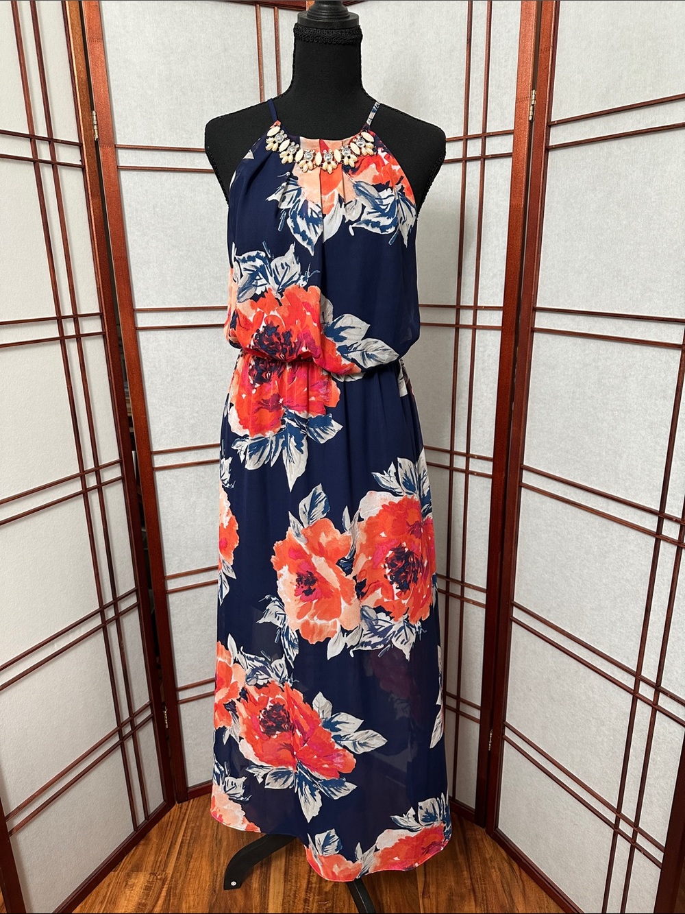 Crystal Doll Navy Halter Maxi Dress with Coral Floral Print